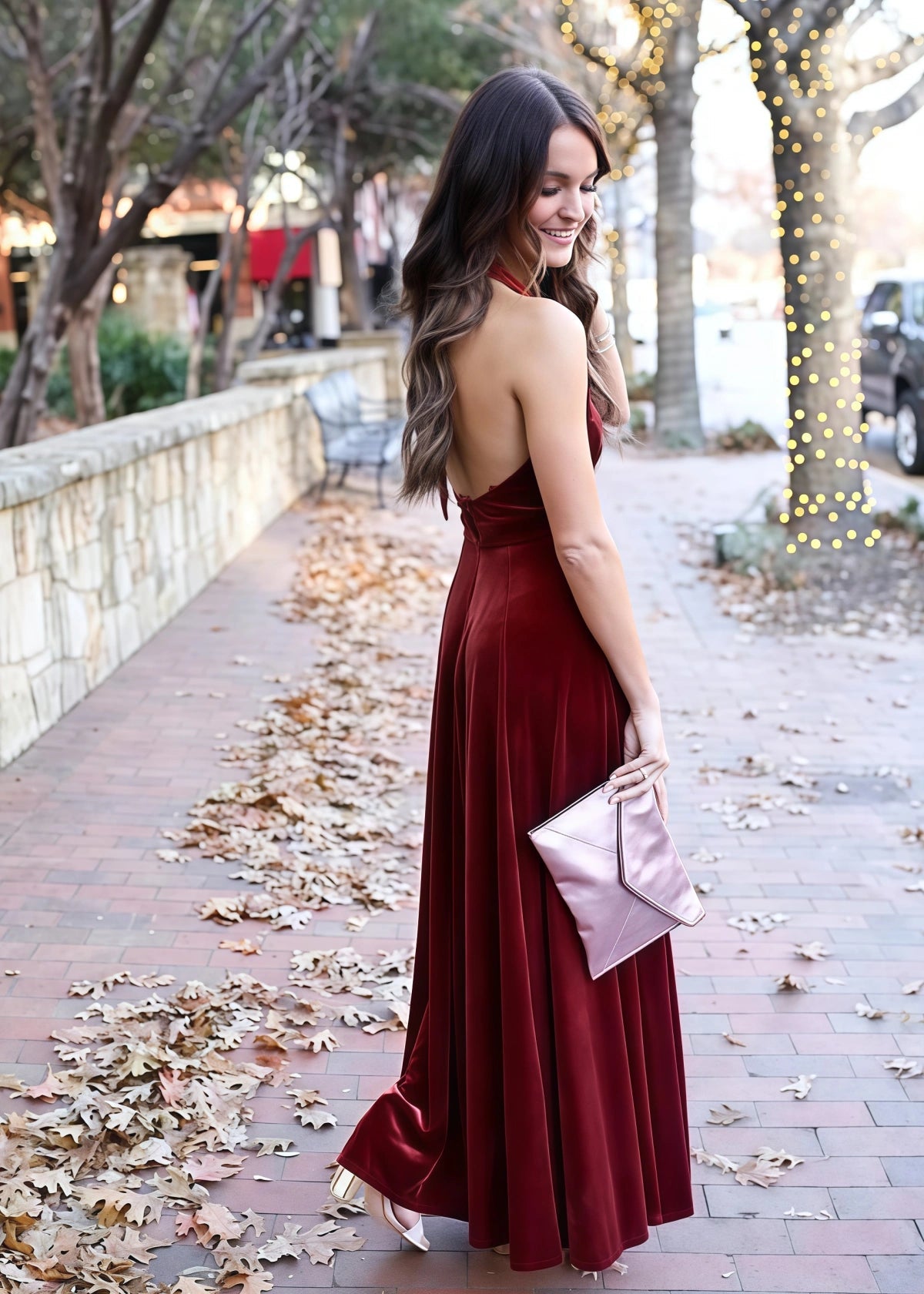 Vita | Exquisite A Line Backless Burgundy Velvet Maxi Bridesmaid Dress with Halter and V - Neck - Price #price_variant_lowest# - Burgundy - PromDressClub