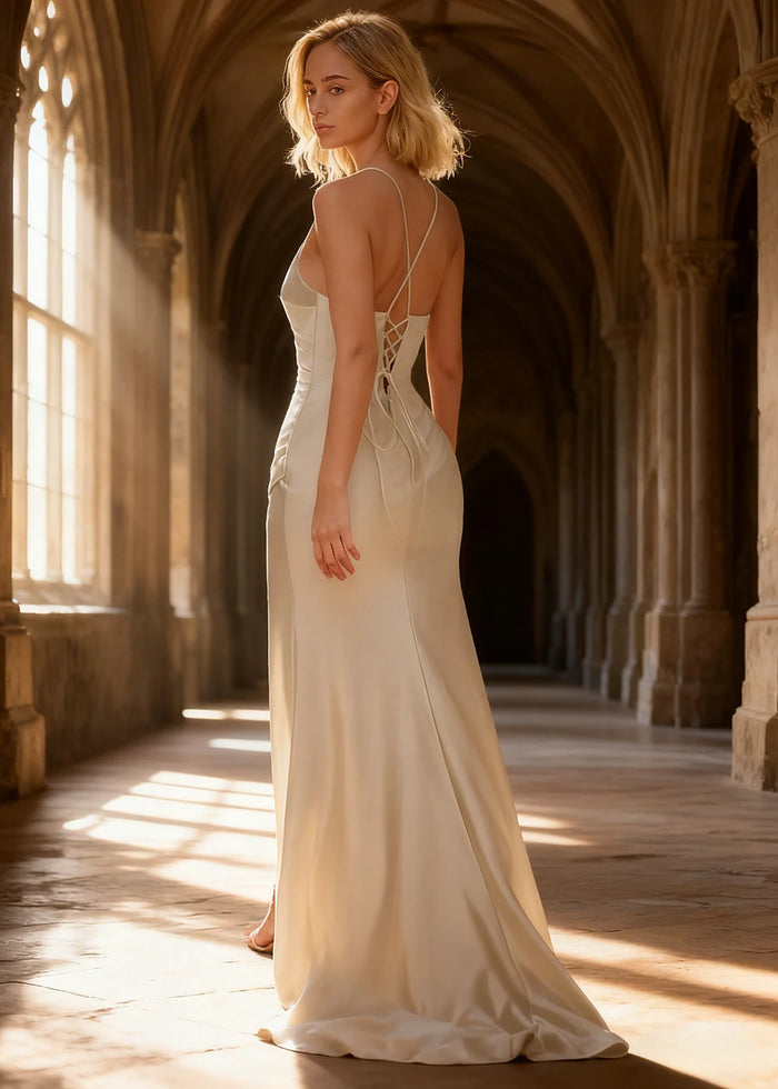 Wren Pleated White Prom Dress with Slit | Column Spaghetti Strap V - Neck Satin Gown - White - PromDressClub