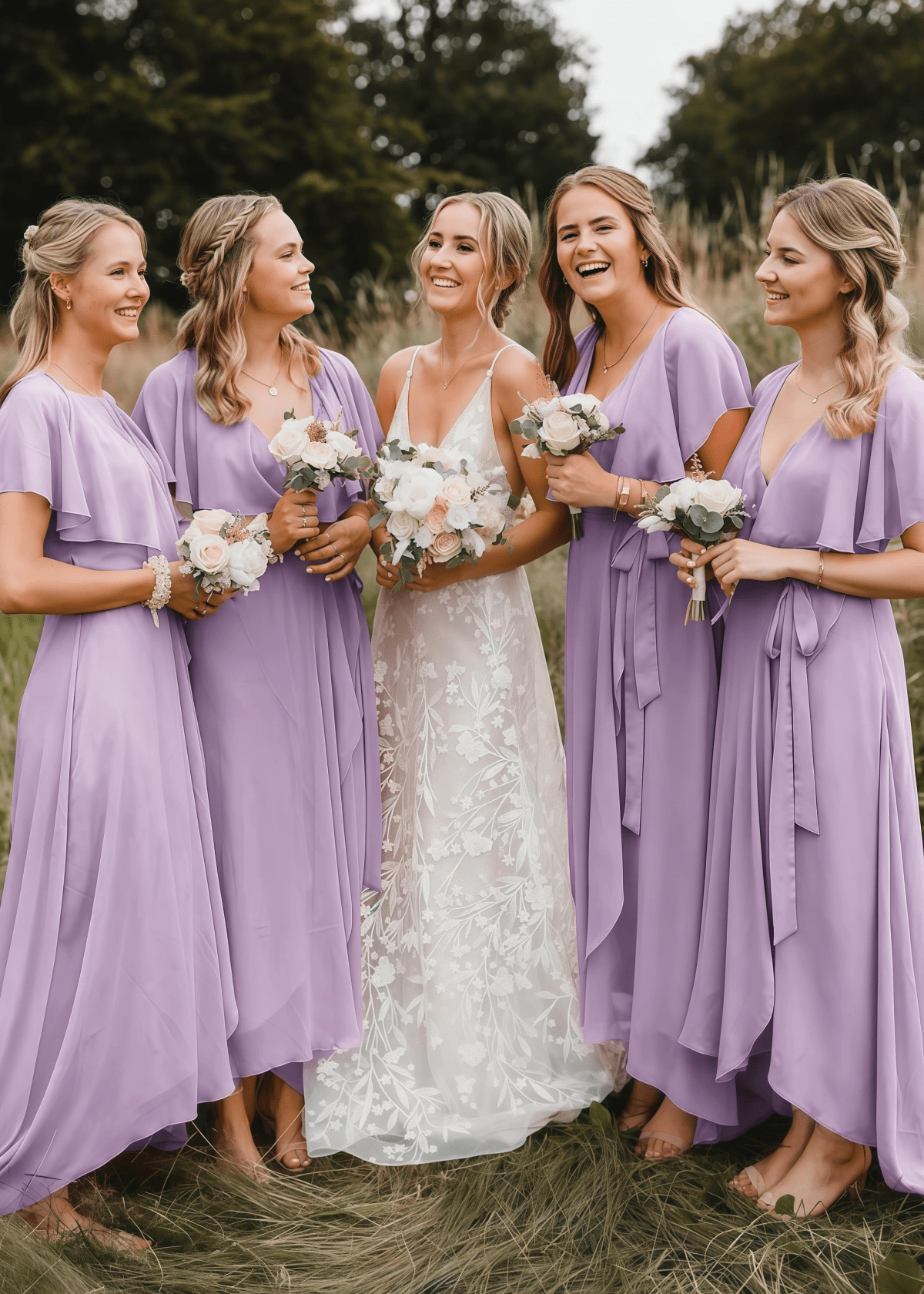 Xanthe | Chic A Line Peach Chiffon Maxi Bridesmaid Dress with V - Neck and Short Sleeve - Price #price_variant_lowest# - Lavender - PromDressClub