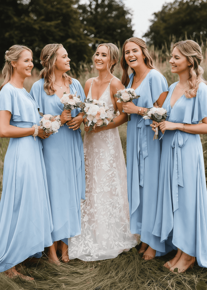 Xanthe | Chic A Line Peach Chiffon Maxi Bridesmaid Dress with V - Neck and Short Sleeve - Price #price_variant_lowest# - Light Blue - PromDressClub