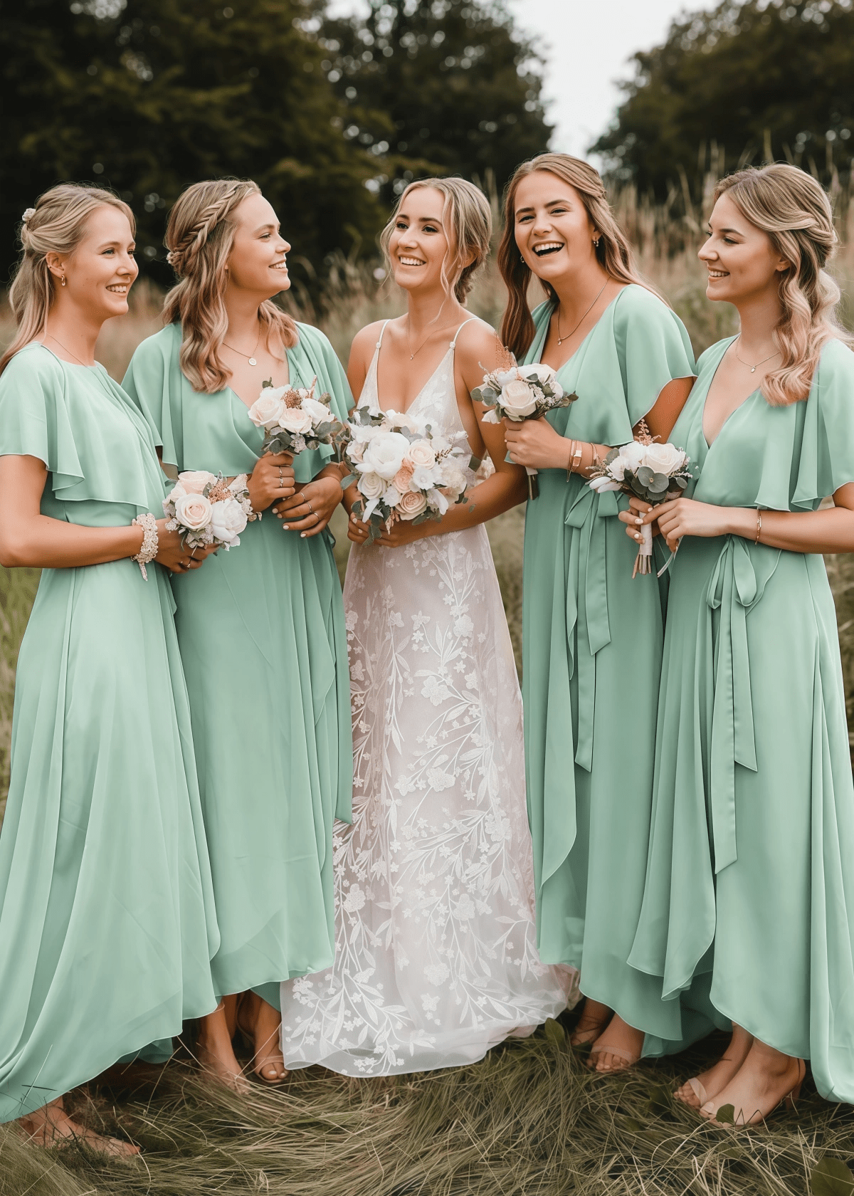 Xanthe | Chic A Line Peach Chiffon Maxi Bridesmaid Dress with V - Neck and Short Sleeve - Price #price_variant_lowest# - Sage - PromDressClub