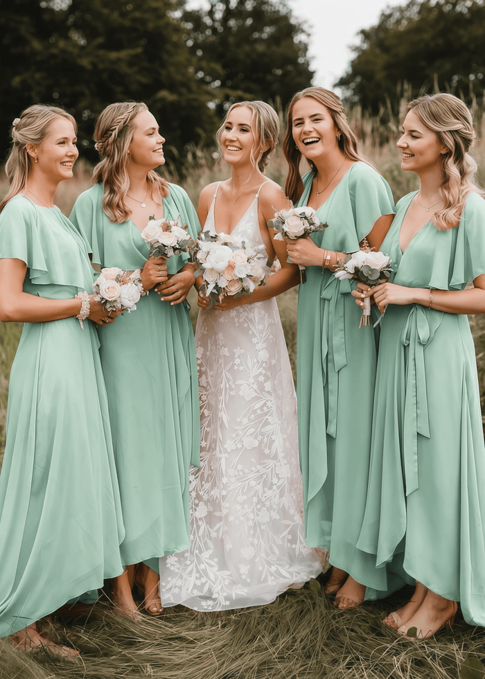 Xanthe | Chic A Line Peach Chiffon Maxi Bridesmaid Dress with V - Neck and Short Sleeve - Price #price_variant_lowest# - Sage - PromDressClub