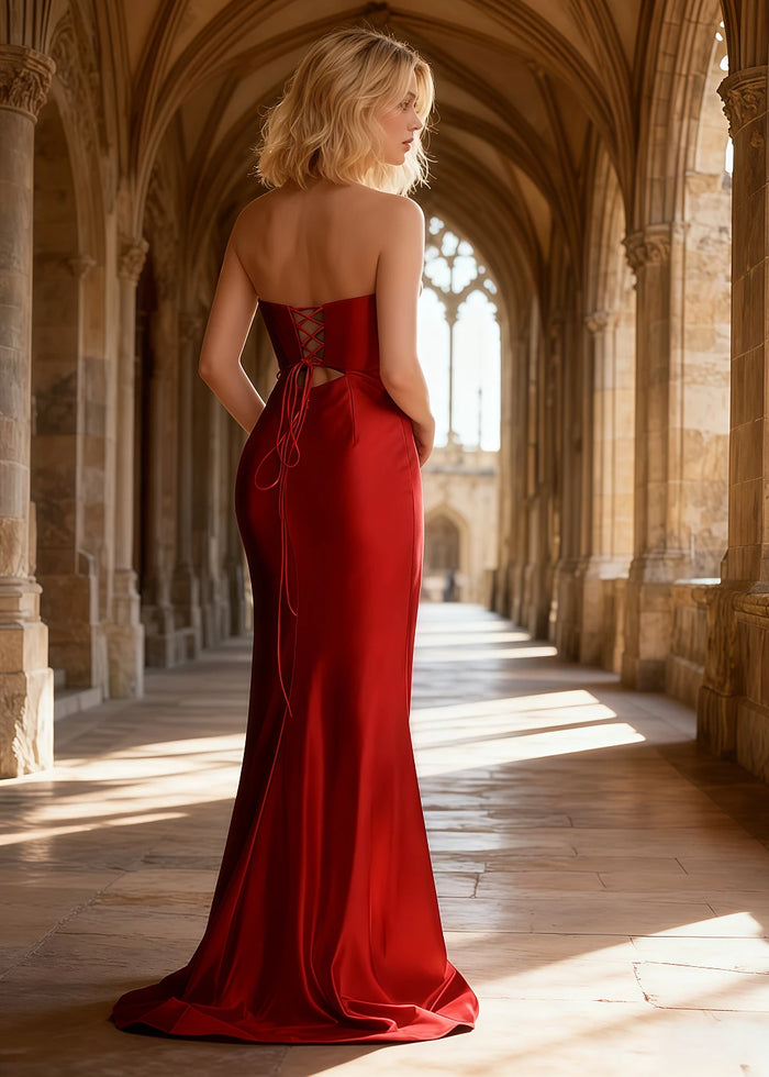 Xena Red Satin Corset Prom Dress with Cutouts | Sheath Strapless Sweetheart Neckline Backless Lace - up Gown with Split - US00 - PromDressClub