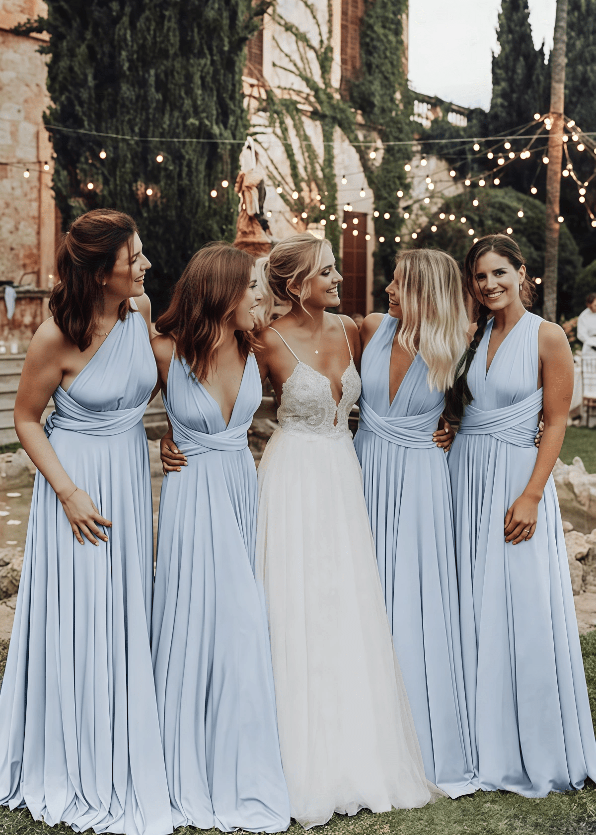 Xenia | Elegant Light Pink Corset Chiffon Maxi Bridesmaid Dress with V - Neck or One Shoulder - Price #price_variant_lowest# - Light Blue - PromDressClub