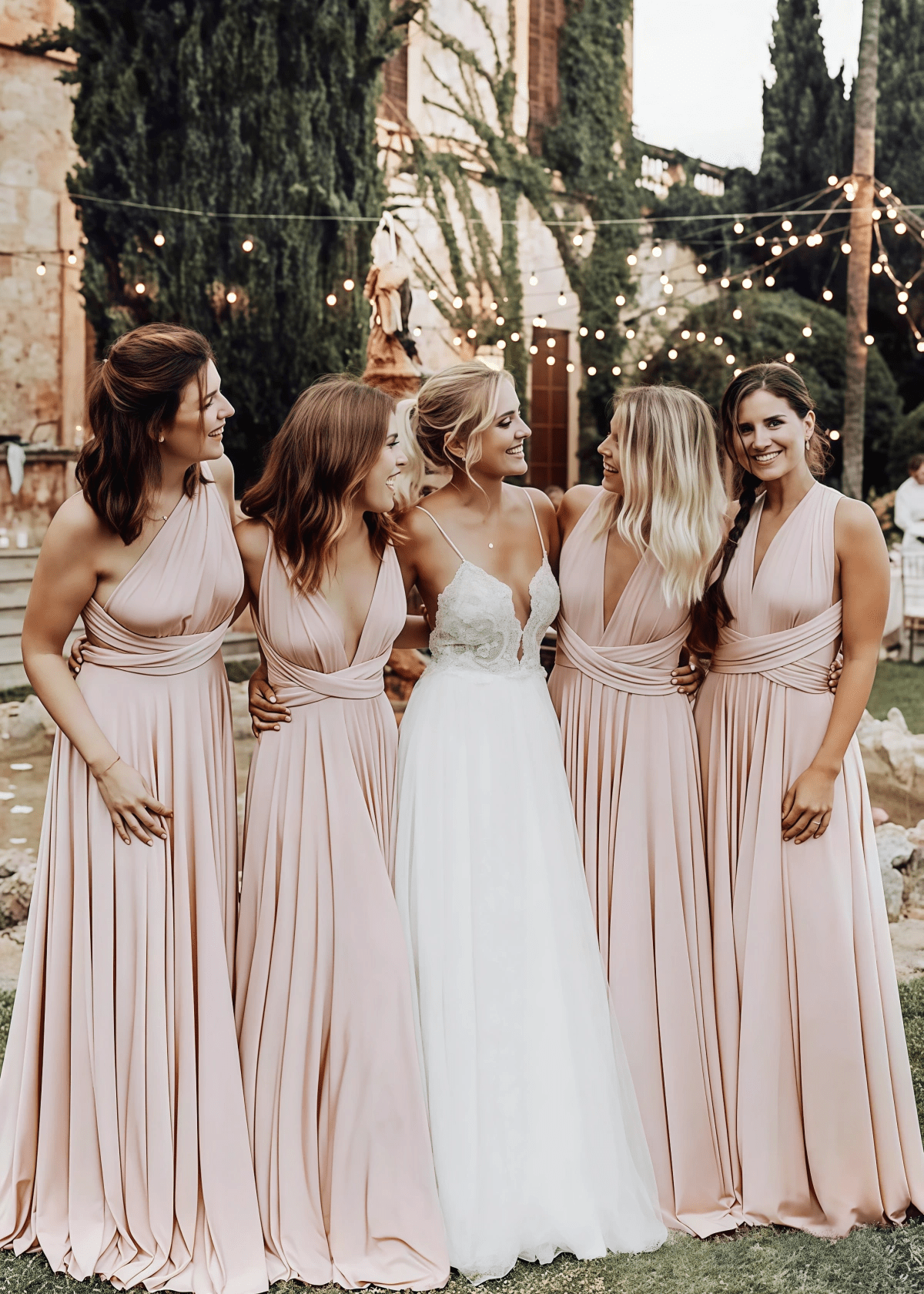 Xenia | Elegant Light Pink Corset Chiffon Maxi Bridesmaid Dress with V - Neck or One Shoulder - Price #price_variant_lowest# - Light Pink - PromDressClub
