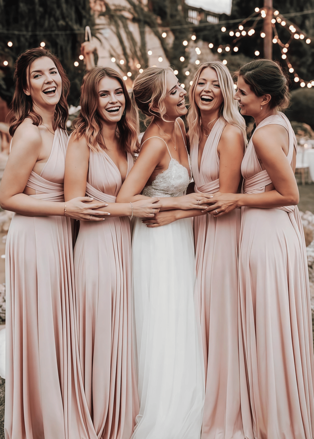 Xenia | Elegant Light Pink Corset Chiffon Maxi Bridesmaid Dress with V - Neck or One Shoulder - Price #price_variant_lowest# - Light Pink - PromDressClub