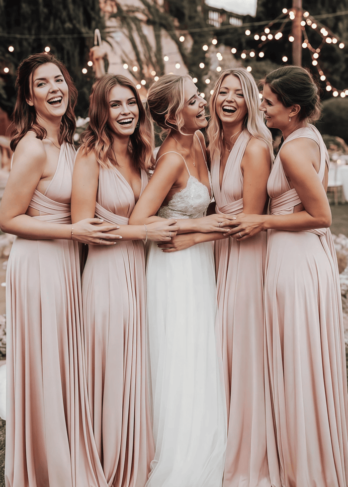 Xenia | Elegant Light Pink Corset Chiffon Maxi Bridesmaid Dress with V - Neck or One Shoulder - Price #price_variant_lowest# - Light Pink - PromDressClub