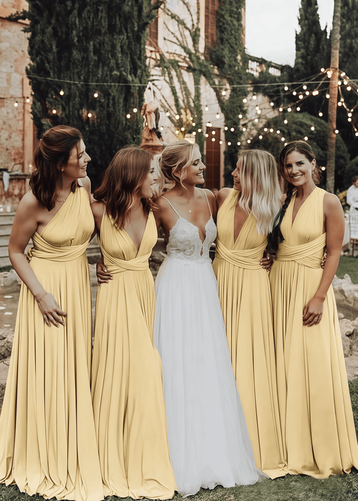 Xenia | Elegant Light Pink Corset Chiffon Maxi Bridesmaid Dress with V - Neck or One Shoulder - Price #price_variant_lowest# - Pale Yellow - PromDressClub