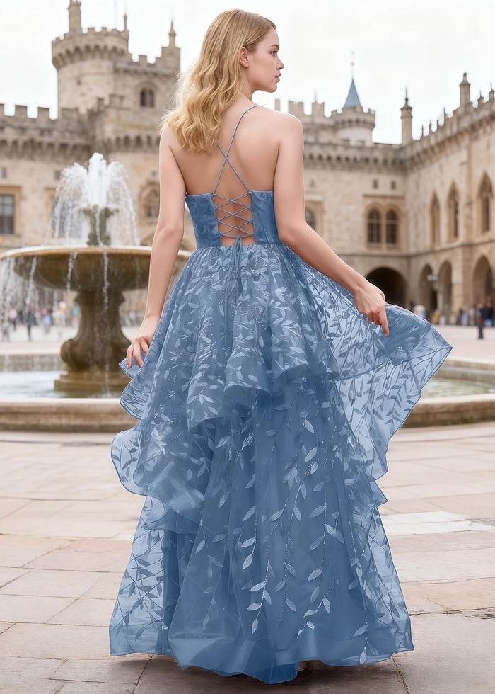 Yara Dusty Blue Tulle Floral Jacquard Prom Dress | A - Line Spaghetti Strap V - Neck Ruffle Gown - US00 - PromDressClub