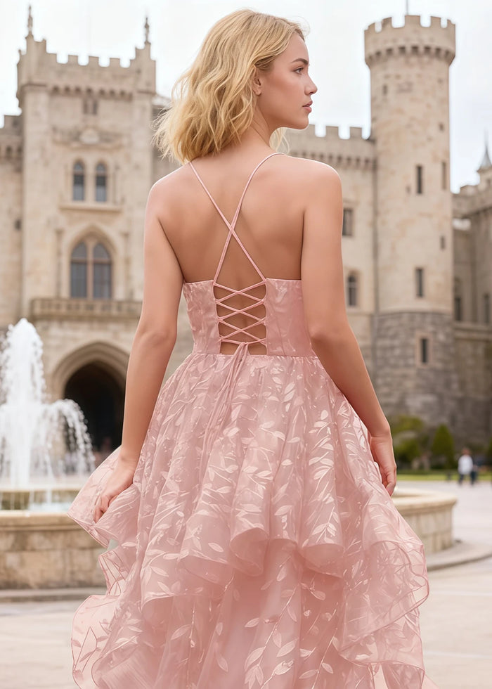 Yara Pink Tulle Floral Jacquard Prom Dress | A - Line Spaghetti Strap V - Neck Ruffle Gown - US00 - PromDressClub