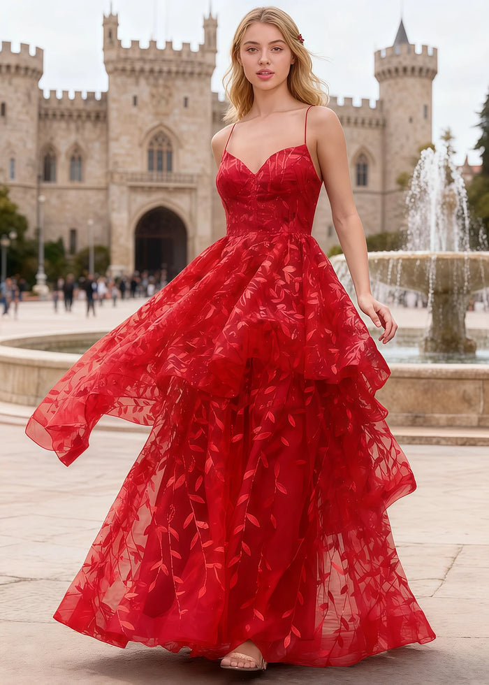 Yara Red Tulle Floral Jacquard Prom Dress | A - Line Spaghetti Strap V - Neck Ruffle Gown - US00 - PromDressClub