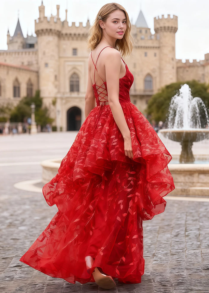 Yara Red Tulle Floral Jacquard Prom Dress | A - Line Spaghetti Strap V - Neck Ruffle Gown - US00 - PromDressClub