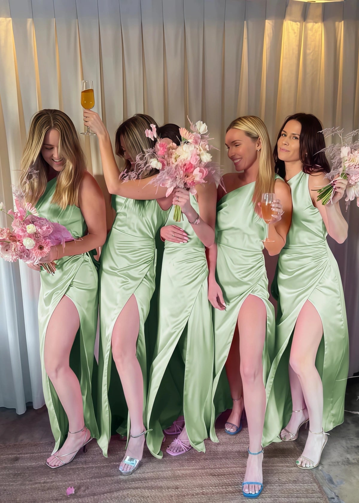 Yedda | Seriously Sensational Sheath Pleated Pink Satin Maxi Bridesmaid Dress with Slit and One Shoulder - Price #price_variant_lowest# - Sage - PromDressClub