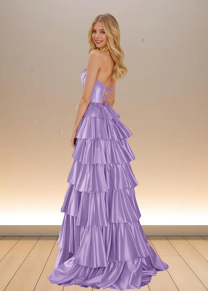 Adele | Yellow Satin Strapless Beaded Ruffle Formal Dress with Slit - Lavender - PromDressClub