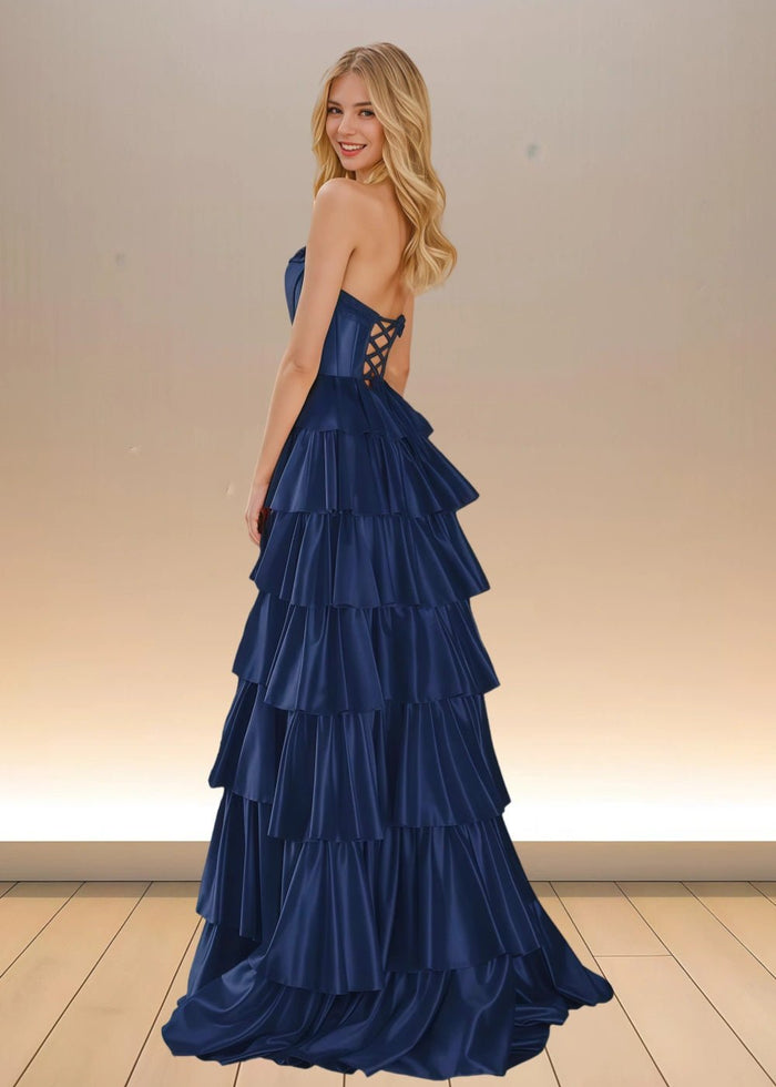 Adele | Yellow Satin Strapless Beaded Ruffle Formal Dress with Slit - Navy Blue - PromDressClub
