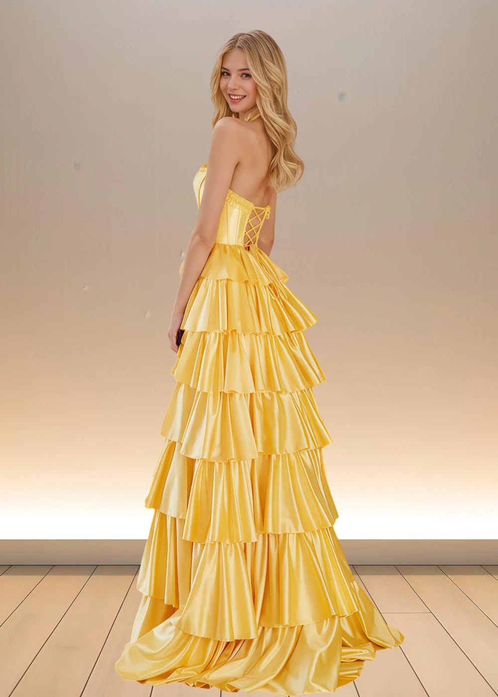 Adele | Yellow Satin Strapless Beaded Ruffle Formal Dress with Slit - Yellow - PromDressClub