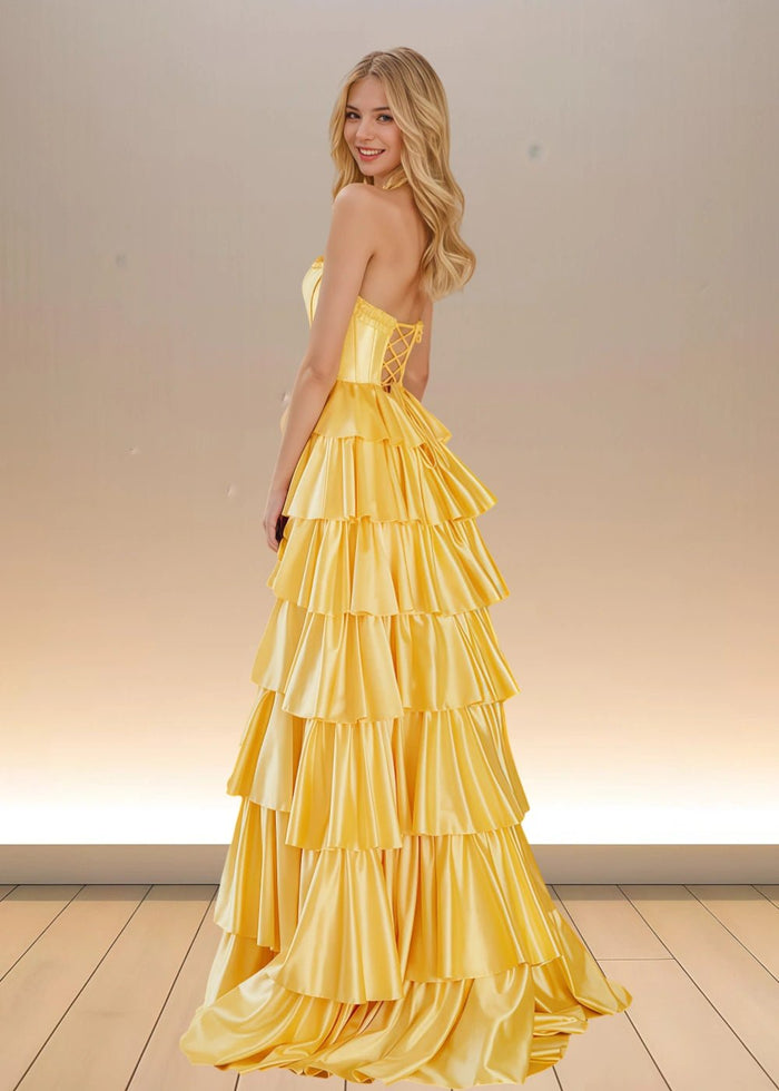 Adele | Yellow Satin Strapless Beaded Ruffle Formal Dress with Slit - Yellow - PromDressClub