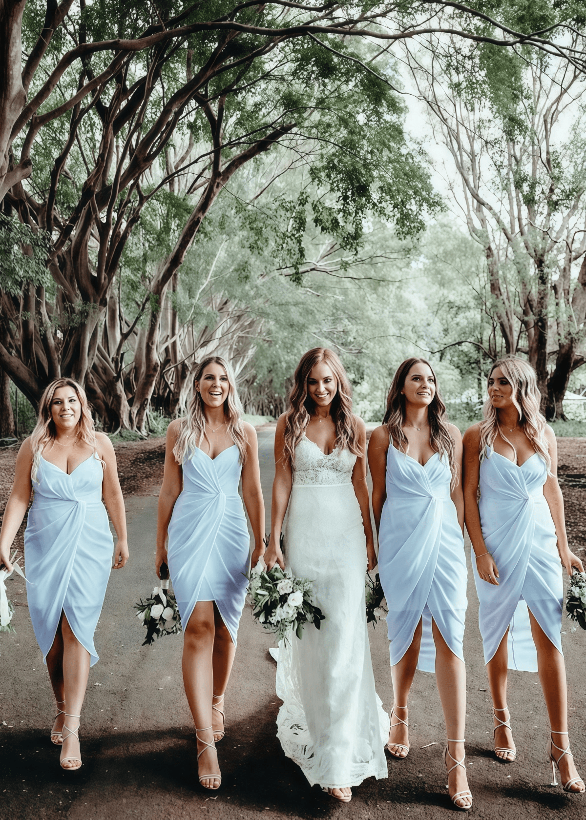 Yvette | Chic Sheath Pleated White Chiffon Midi Bridesmaid Dress with Spaghetti Straps and V - Neck - Price #price_variant_lowest# - Light Blue - PromDressClub