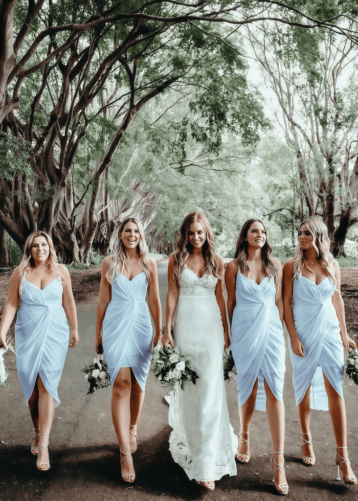 Yvette | Chic Sheath Pleated White Chiffon Midi Bridesmaid Dress with Spaghetti Straps and V - Neck - Price #price_variant_lowest# - Light Blue - PromDressClub