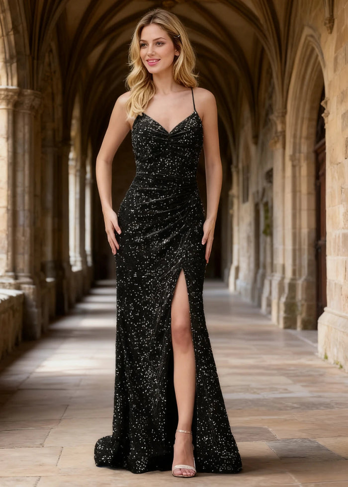 Zara Black Velvet Sequins Prom Dress | Sheath Fitted Spaghetti Straps V - Neck Backless Pleated Dress with Slit - US0 - PromDressClub