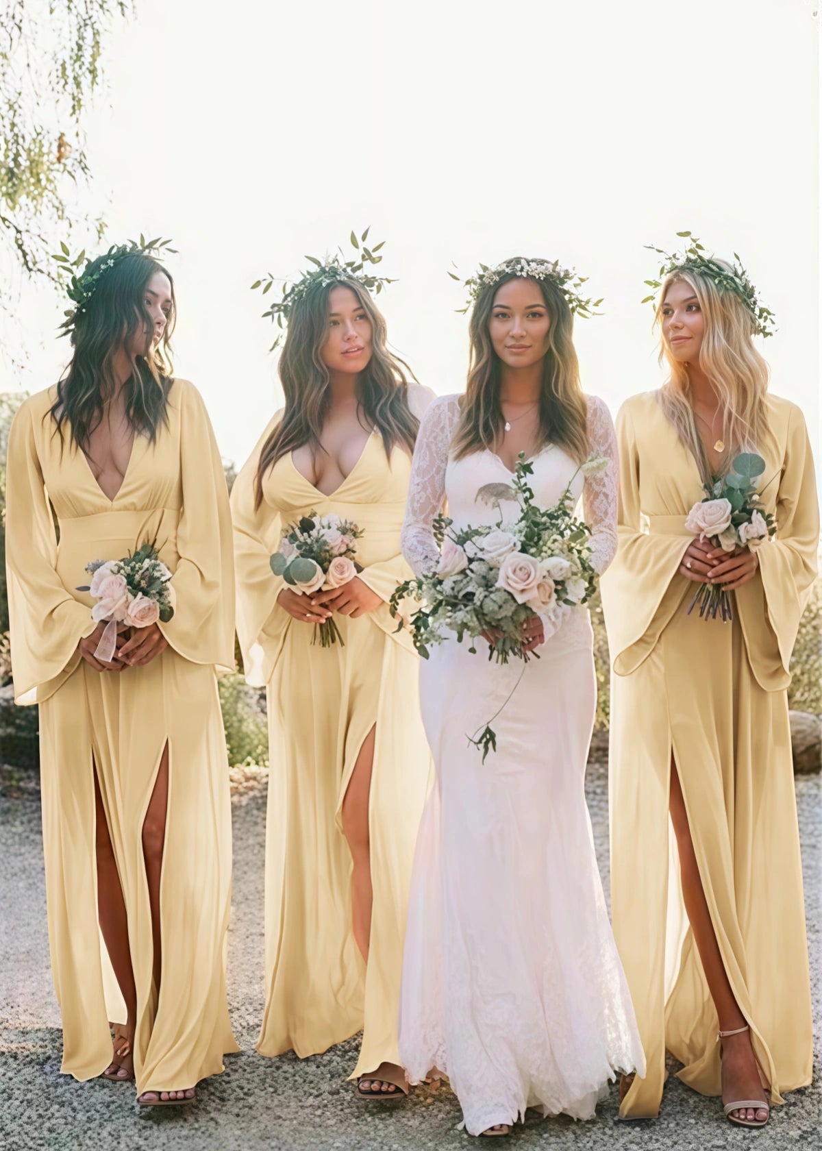 Zara | Boho Long Sleeves Light Pink Chiffon Maxi Bridesmaid Dress with A - Line and Deep V Neck - Price #price_variant_lowest# - Pale Yellow - PromDressClub