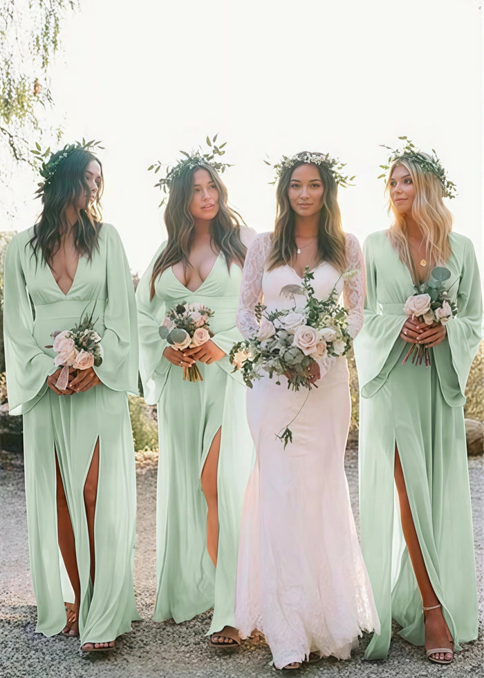 Zara | Boho Long Sleeves Light Pink Chiffon Maxi Bridesmaid Dress with A - Line and Deep V Neck - Price #price_variant_lowest# - Sage - PromDressClub