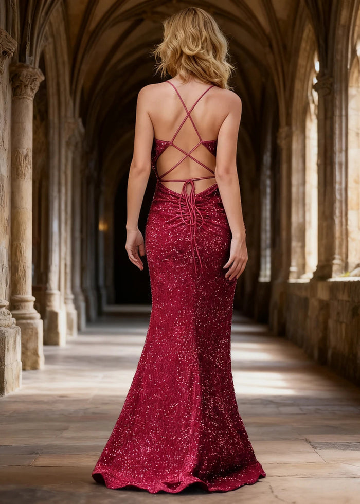 Zara Burgundy Velvet Sequins Prom Dress | Sheath Fitted Spaghetti Straps V - Neck Backless Pleated Dress with Slit - US0 - PromDressClub