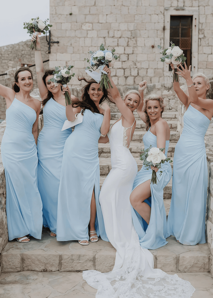 Zenobia | Chic Sheath Light Blue Chifon Maxi Bridesmaid Dress with Slit and One Shoulder - Price #price_variant_lowest# - Light Blue - PromDressClub