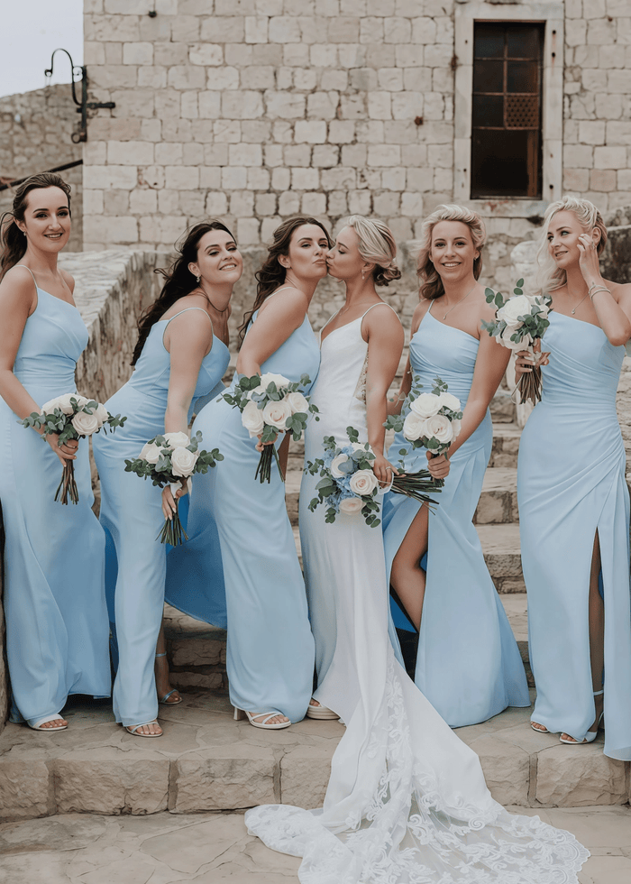 Zenobia | Chic Sheath Light Blue Chifon Maxi Bridesmaid Dress with Slit and One Shoulder - Price #price_variant_lowest# - Light Blue - PromDressClub