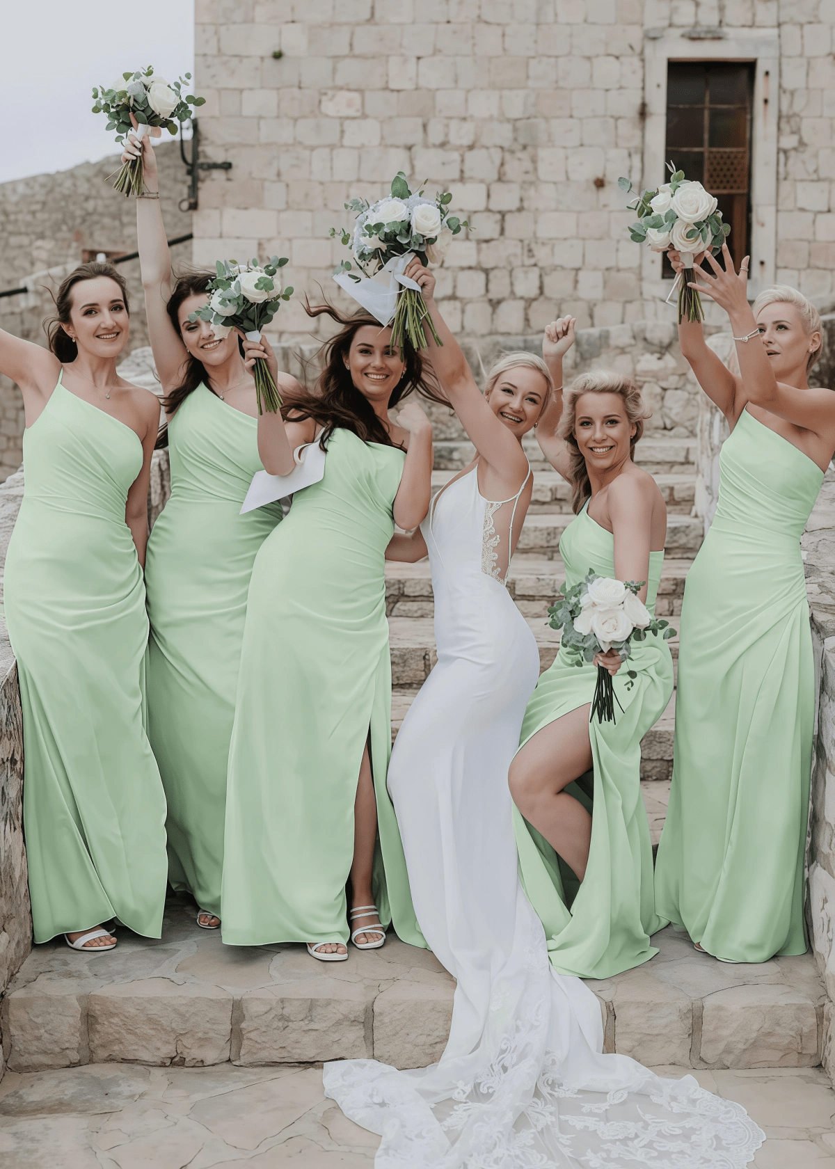 Zenobia | Chic Sheath Light Blue Chifon Maxi Bridesmaid Dress with Slit and One Shoulder - Price #price_variant_lowest# - Sage - PromDressClub